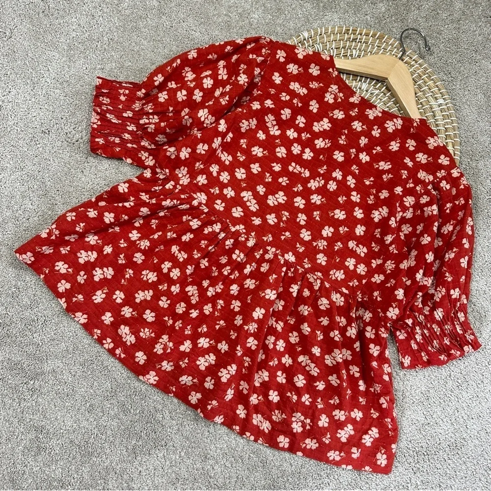 Madewell Puff-Sleeve Button-Front Top in Swiss Dot Happy Aloha Thai Chili Size S